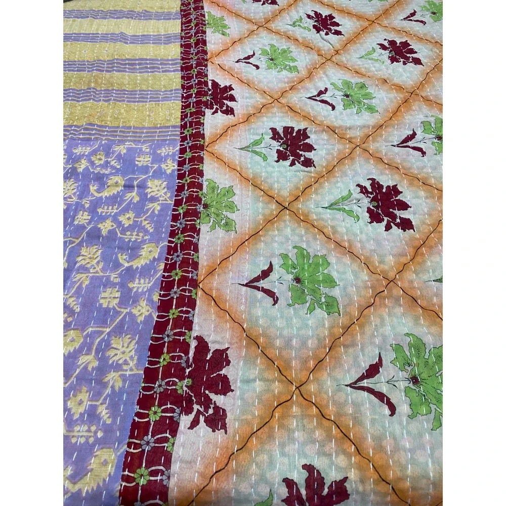 Kantha Quilt Reversible Hand Stitched Cotton Patchwork Throw Blanket Red Boho